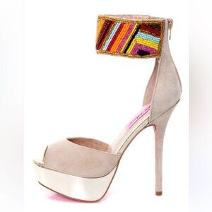 Betsey Johnson Ireen Nude Multi Beaded Ankle Cuff Platform Heels